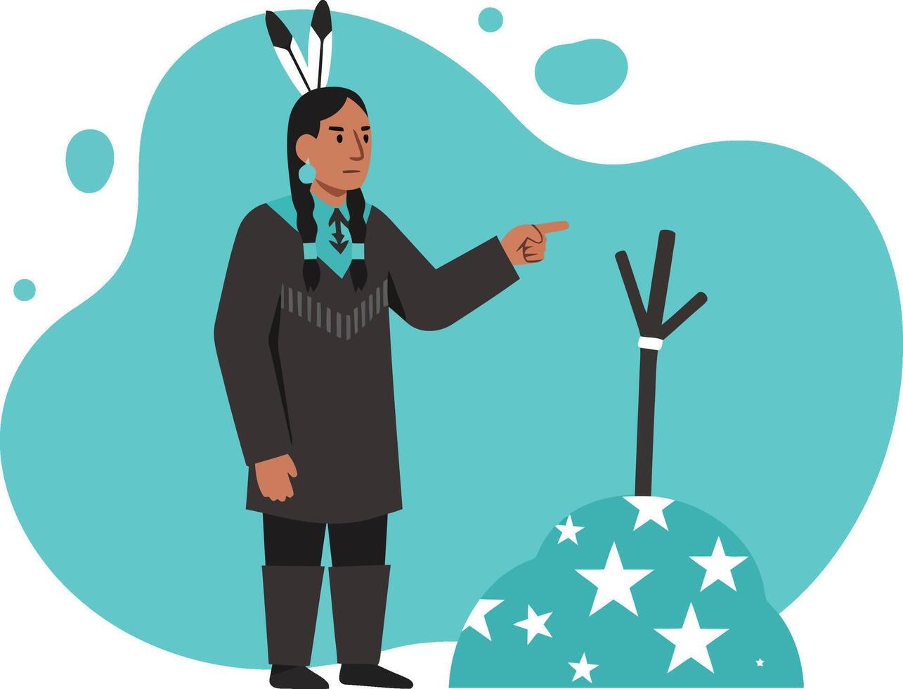 Native American man in traditional attire pointing at a small decorated tree with star patterns illustration vector