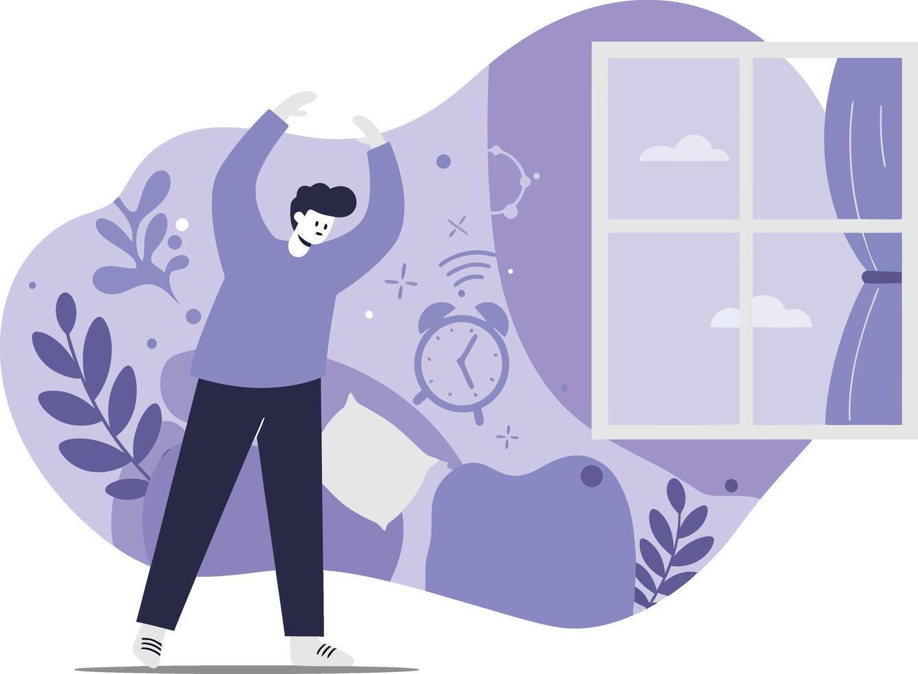 Person stretching in morning waking up routine with alarm clock and window illustration in purple tones vector