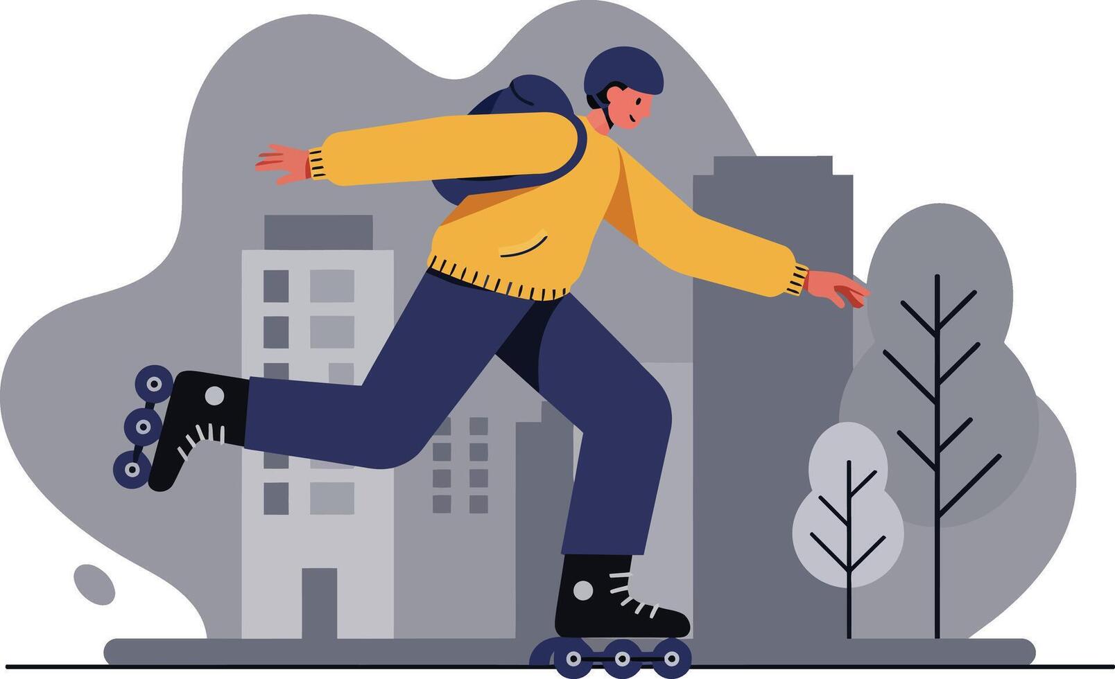 Young man roller skating in urban park with buildings and trees background illustration vector