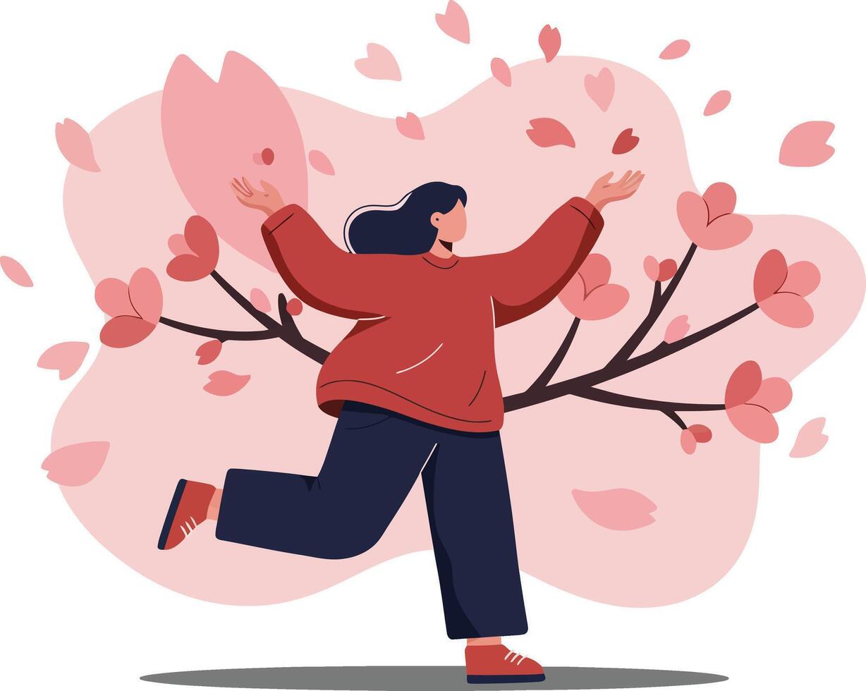 Woman enjoying spring season with cherry blossom trees and falling petals illustration vector