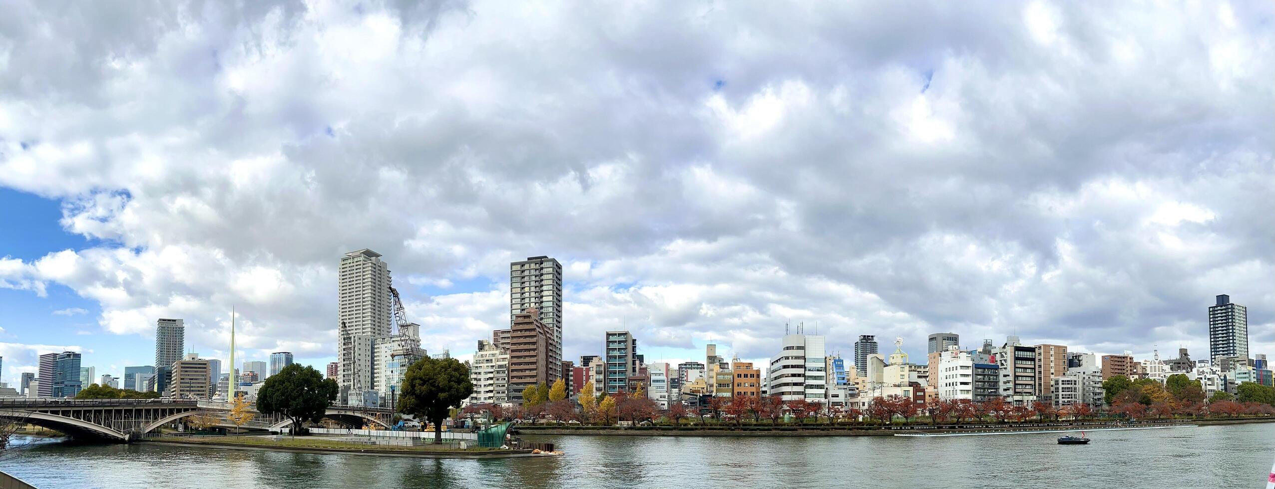 Modern waterfront cityscape panorama high-rise apartments office buildings beside Yodo river with puffy clouds and blue sky, Osaka, Japan photo