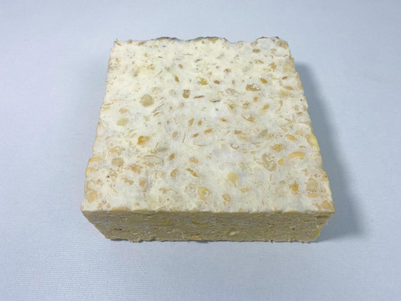 Studio shot of a block of tempeh, fermented soybean cake, on a white surface photo
