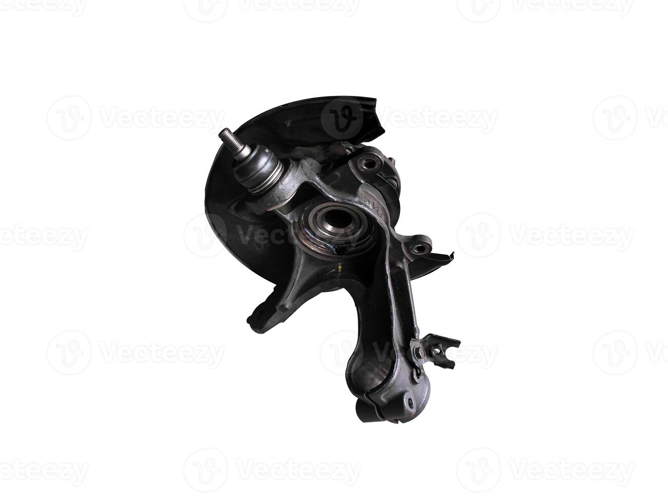 Steering knuckle or Front hub carrier, A close-up of a bare Steering knuckle, featuring a ball joint and bearing spindle. photo