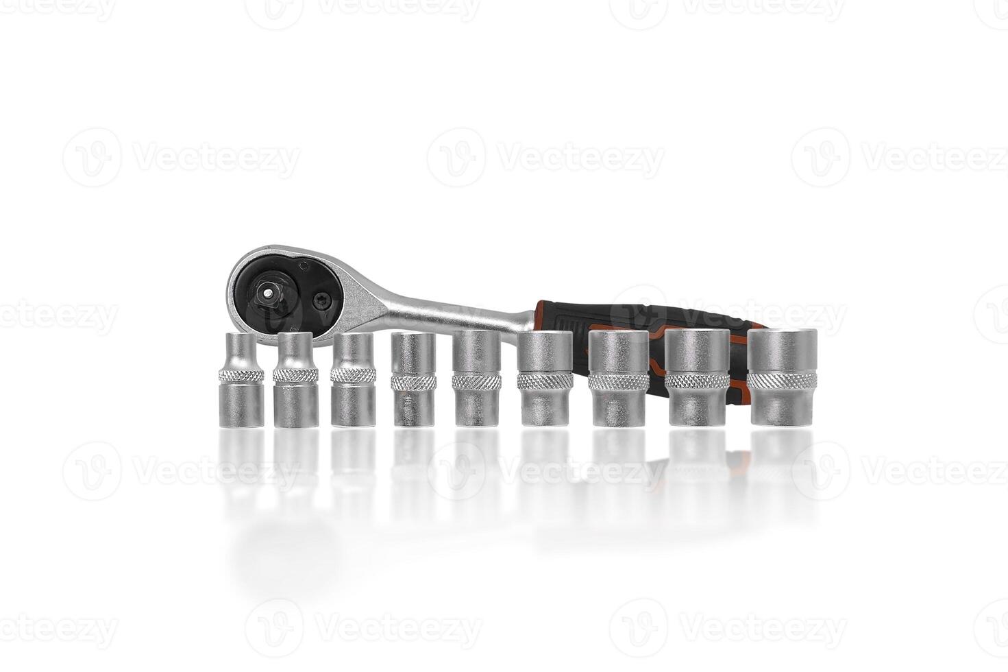 Socket Wrench Set or Ratchet Tools Set, A complete set of silver socket wrenches and a ratchet are arranged on a white background. photo
