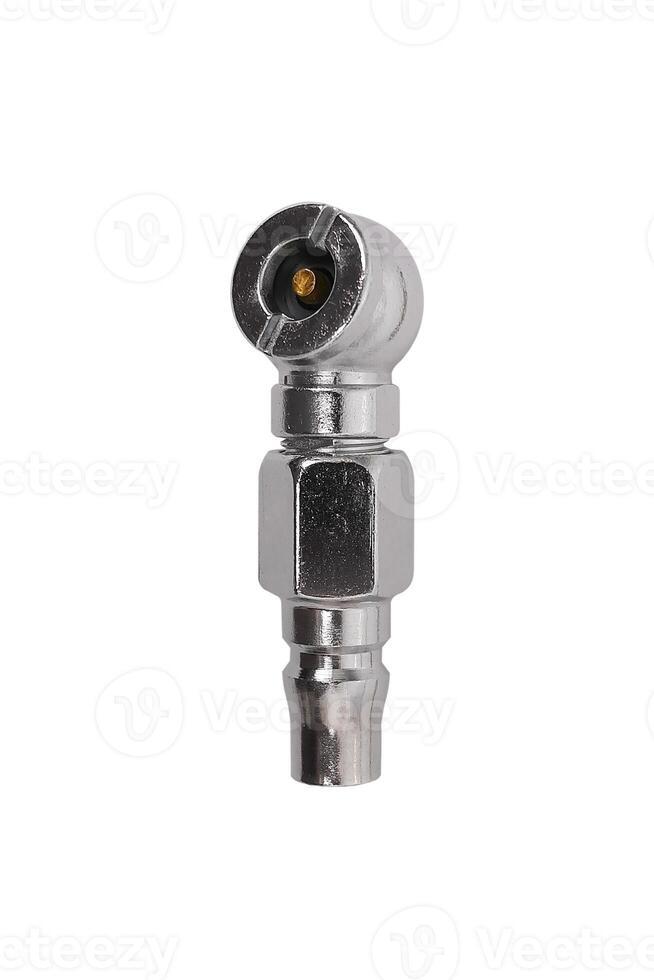 Tire Inflator Adapter, A shiny, chrome tire inflator adapter with a threaded end, isolated on a white background. include clipping path photo