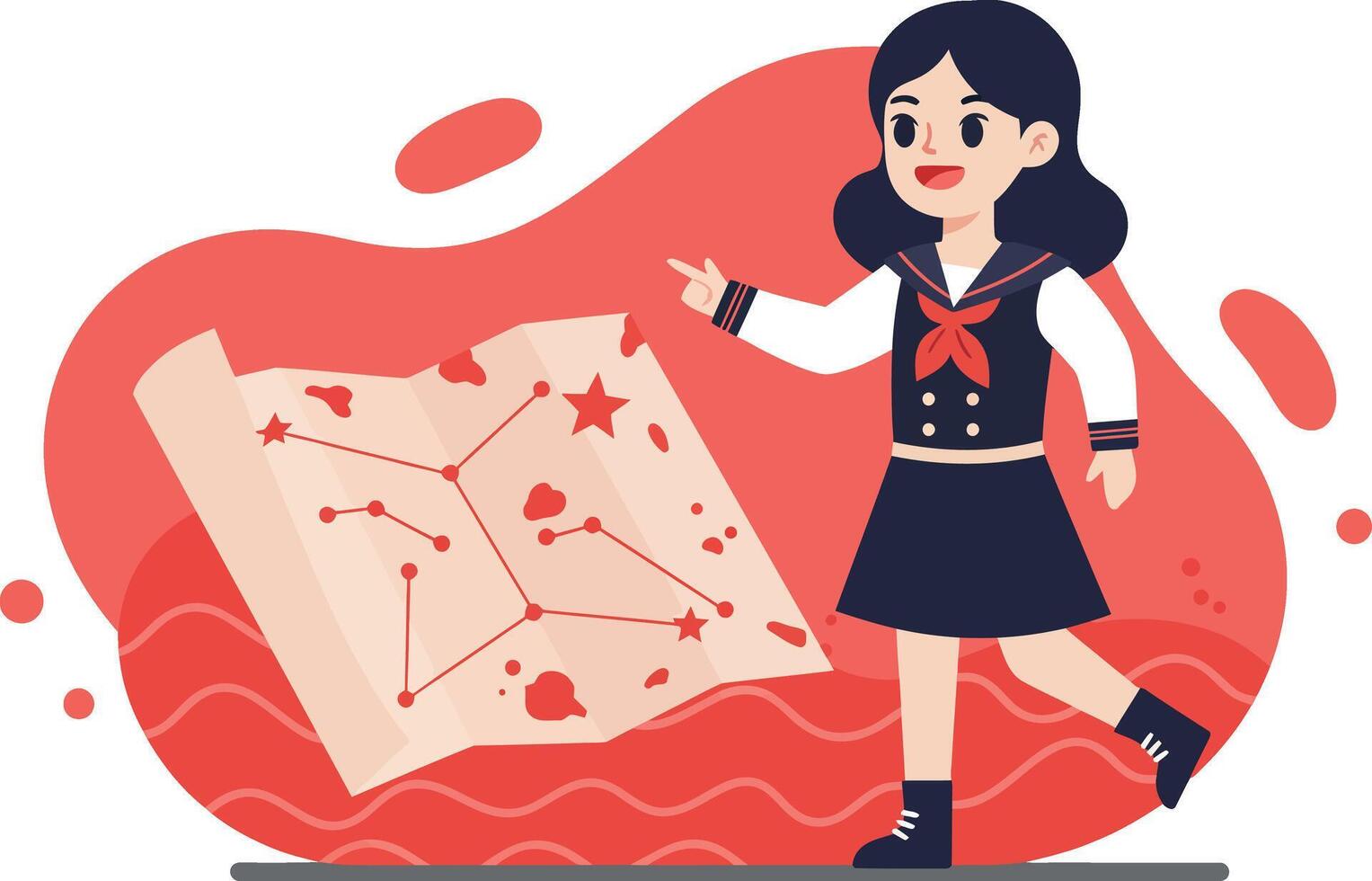 Girl exploring star constellation map in educational astronomy illustration with red background elements vector