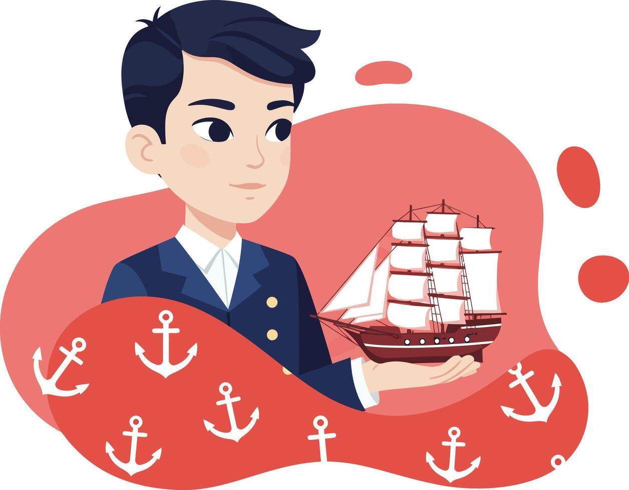 Young man holding model ship in sailor uniform with anchor symbols illustration vector