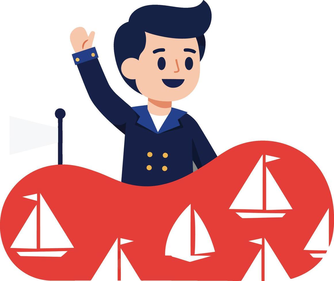 Happy boy playing with red boat toys featuring white sails in playful ocean waves illustration vector