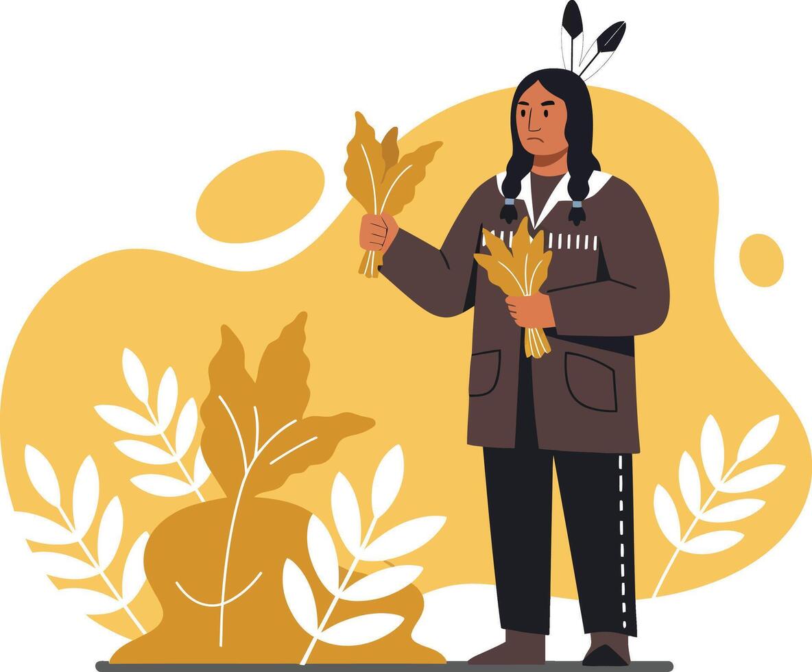 Native American man holding wheat and standing by plants with yellow background illustration vector