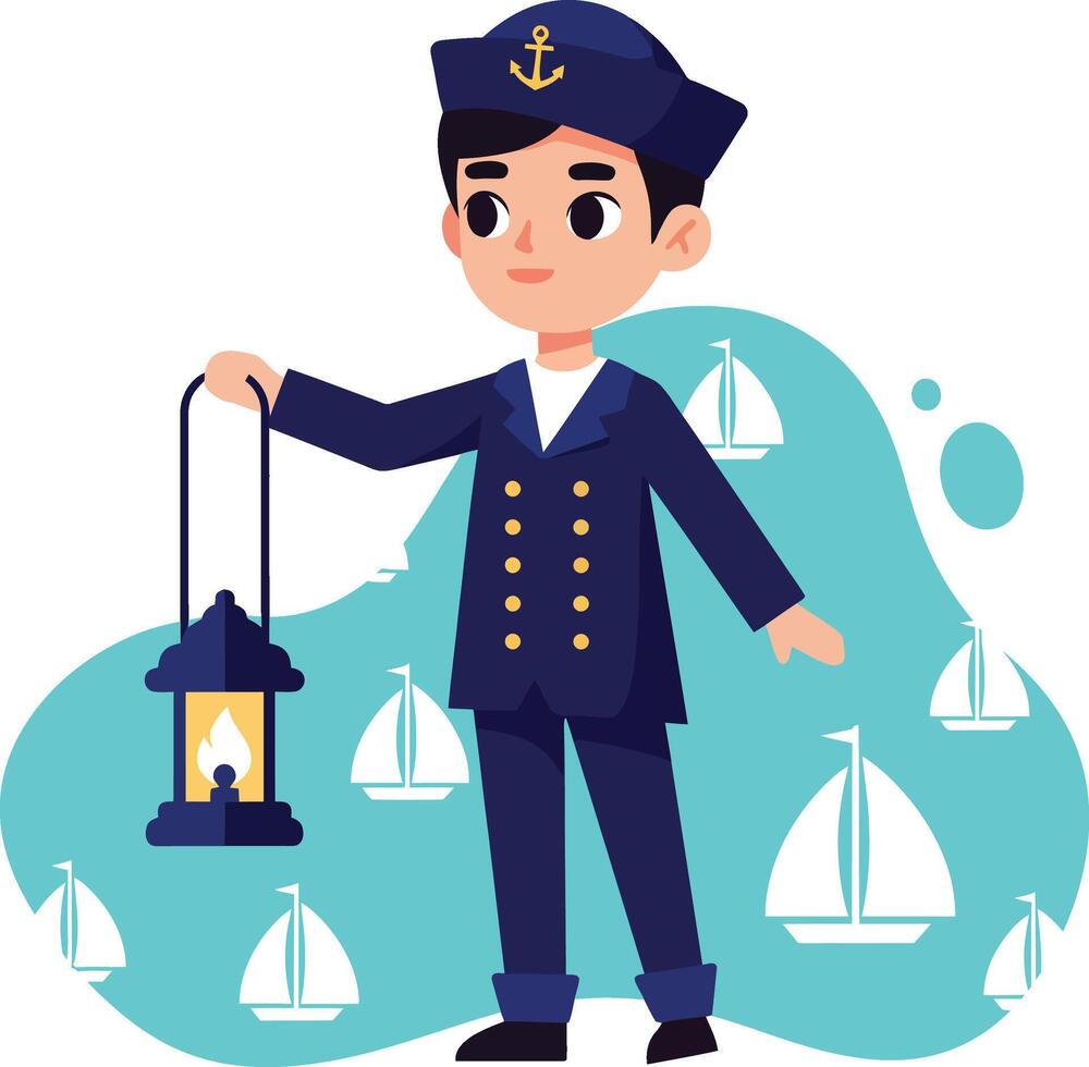 Sailor holding lantern with sailing boats in background illustration in navy uniform and cap vector