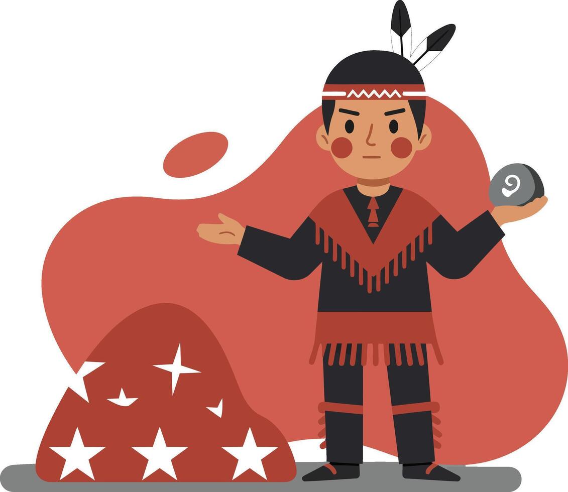 Native American man wearing traditional clothing holding peace pipe with red background illustration vector