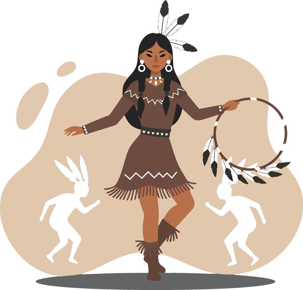 Native American woman performing traditional dance with dreamcatcher and spiritual figures illustration vector