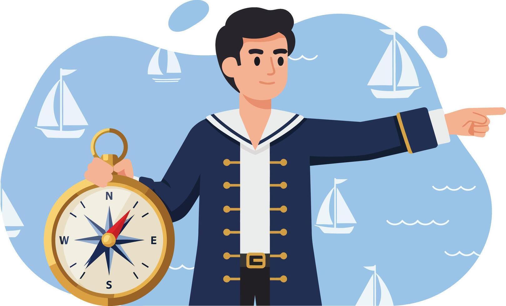 Male sailor pointing direction holding compass with nautical background illustration vector