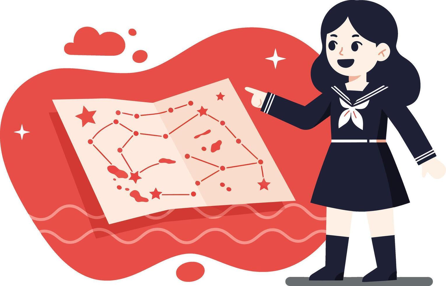 Girl exploring star constellation map in navy blue uniform with red abstract background illustration vector