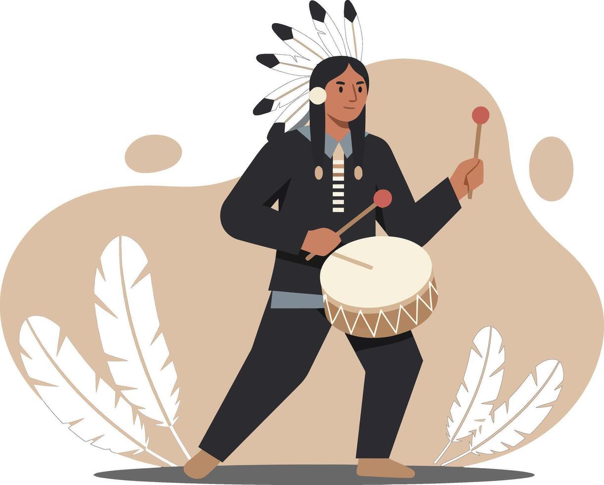 Native American man playing traditional drum with feathers and beads in cultural attire illustration vector