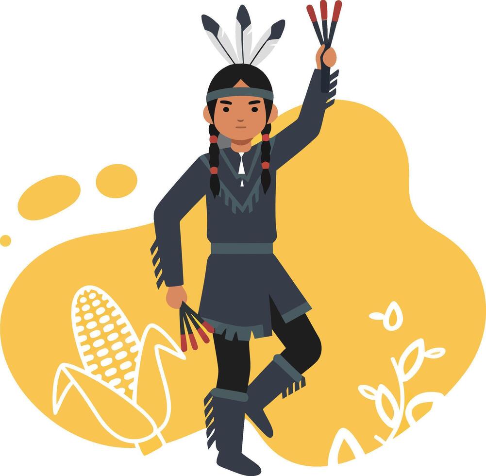Native American Woman Dancing in Traditional Dress with Feathers and Cultural Symbols Illustration vector