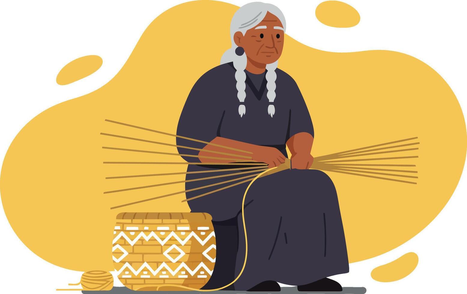 Elderly woman weaving basket in traditional style sitting on floor with yellow background illustration vector