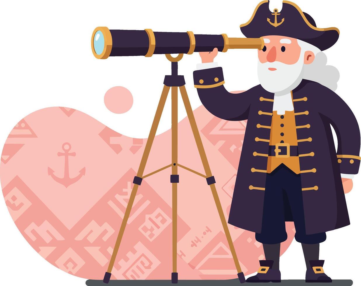 Pirate Captain Looking Through Telescope Illustration of Nautical Explorer on Ship Deck vector
