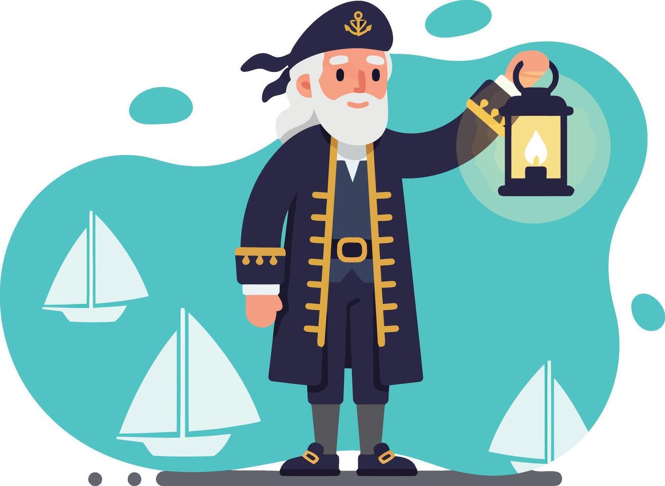 Sea Captain Holding Lantern with Sailboats in Background Nautical Maritime Theme Illustration vector
