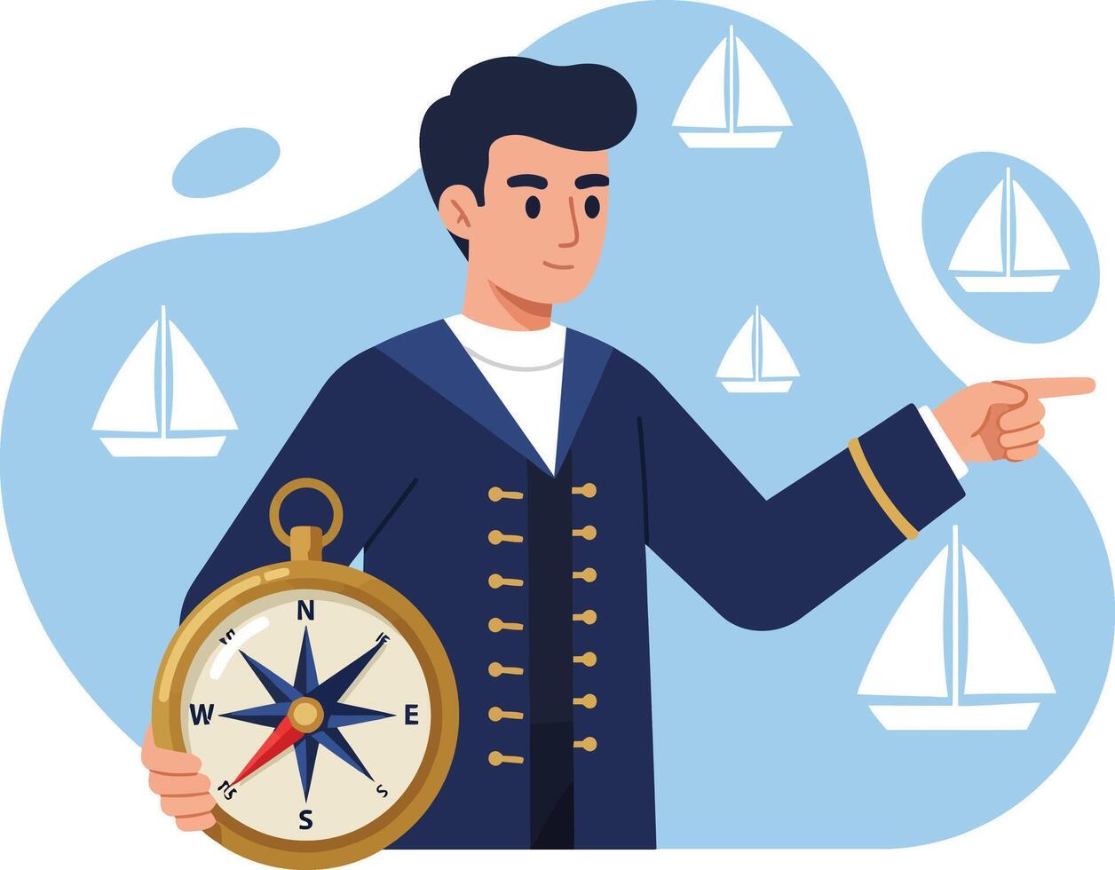 Male sailor holding compass with sailing ships background illustration in navy uniform vector