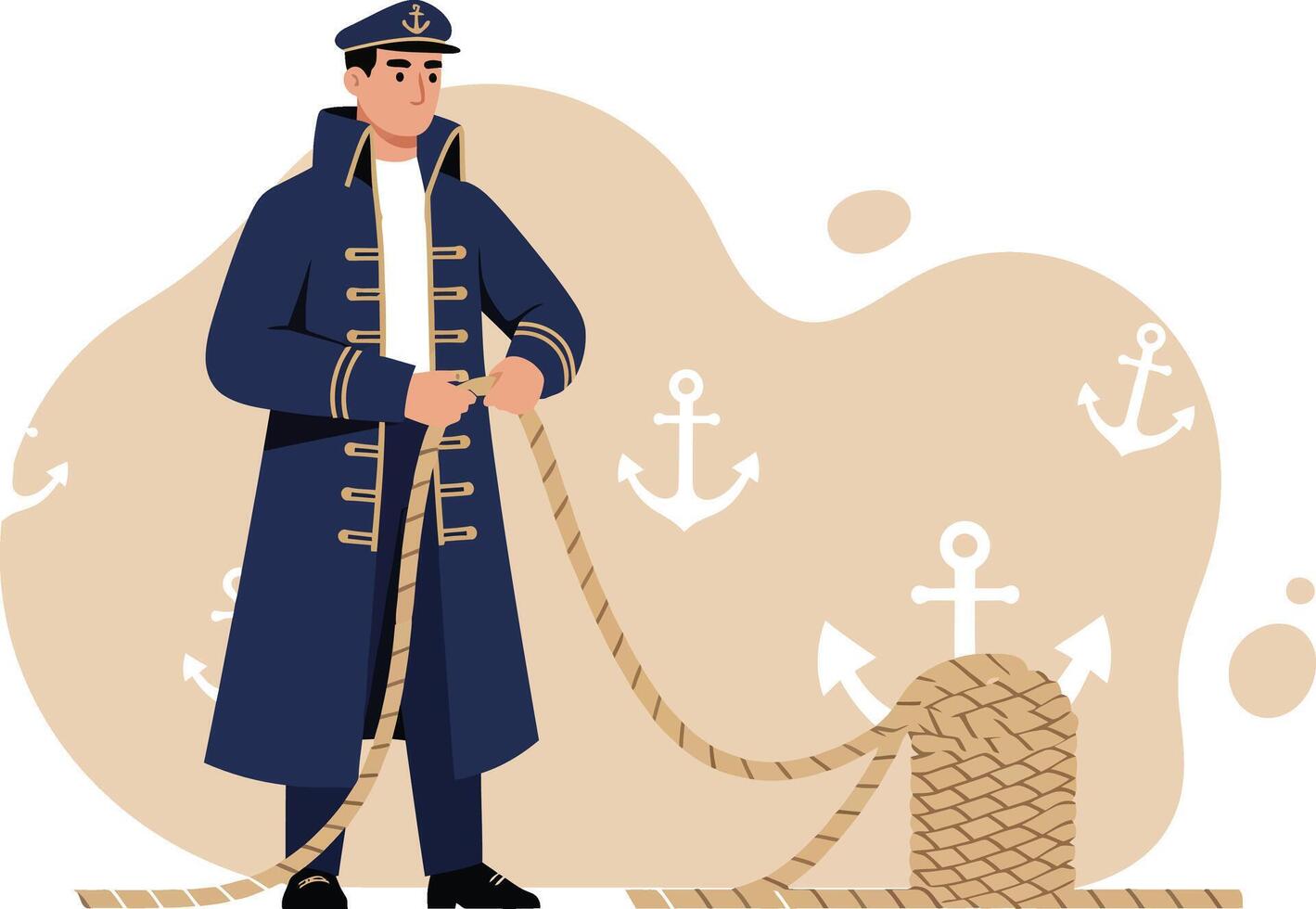 Sailor standing with rope and anchors nautical maritime illustration in navy uniform vector