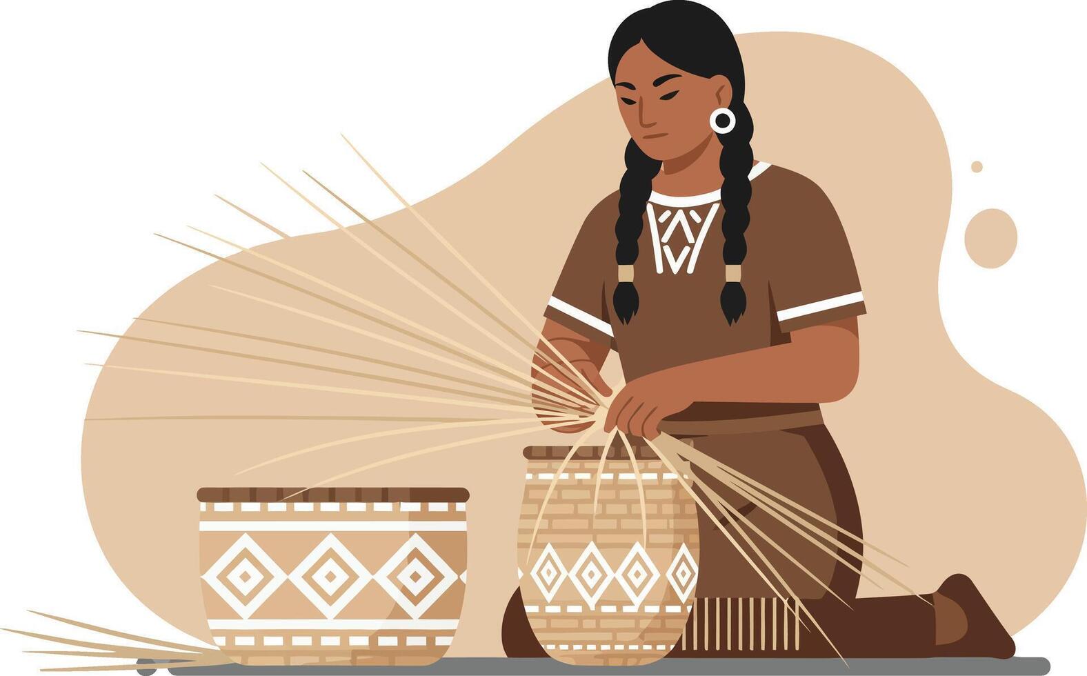 Native American woman weaving traditional basket with geometric designs in cultural craft scene illustration vector
