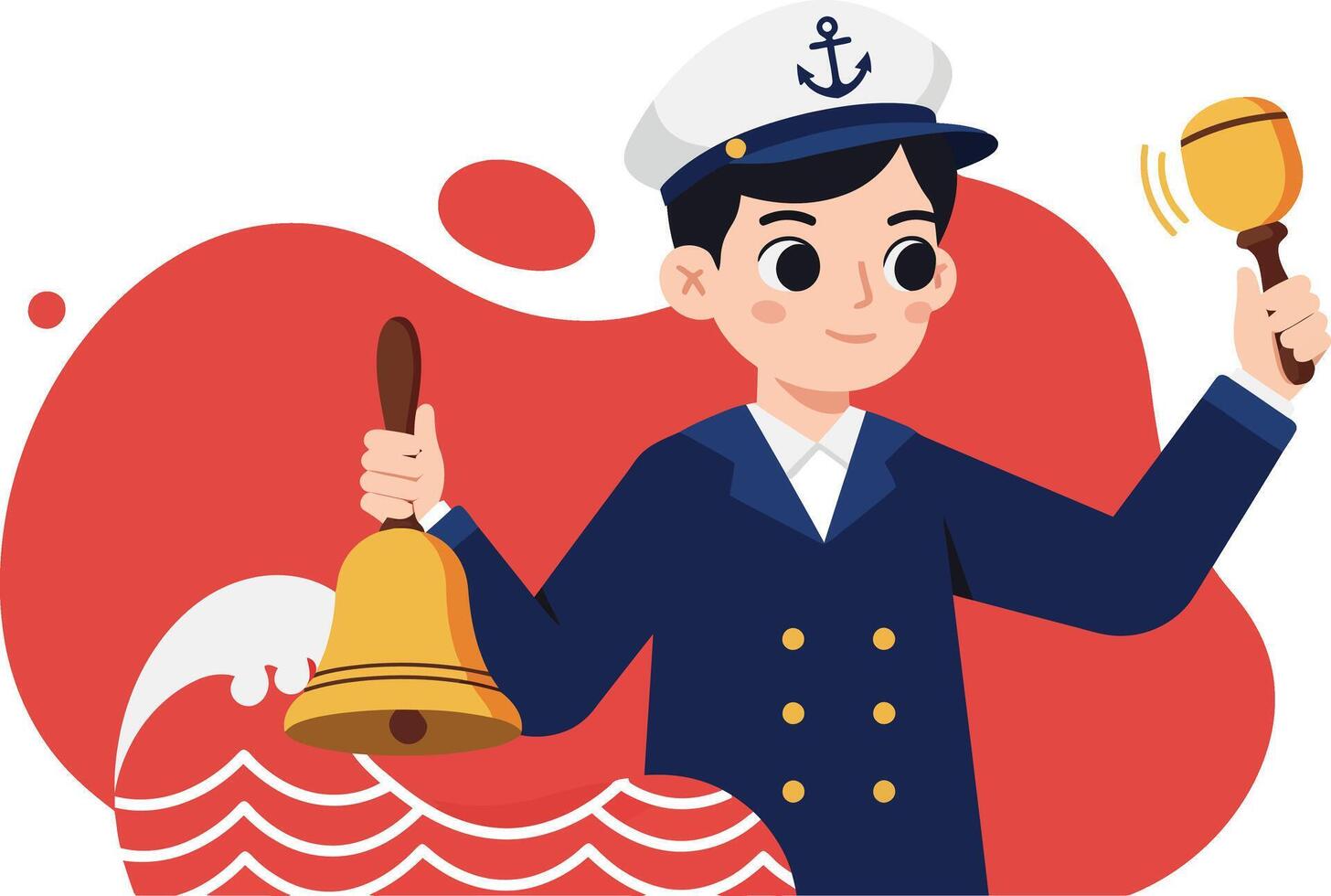 Young male sailor ringing ship bell with golden bell in hand illustration vector
