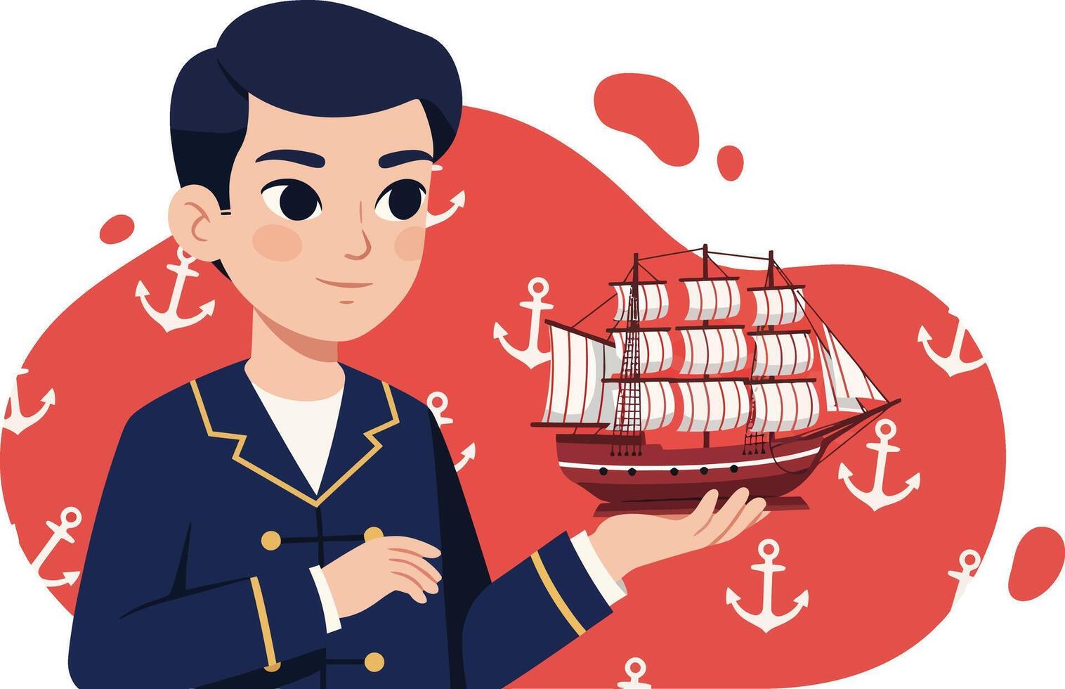 Young sailor holding detailed model ship with navy uniform and anchor background illustration vector