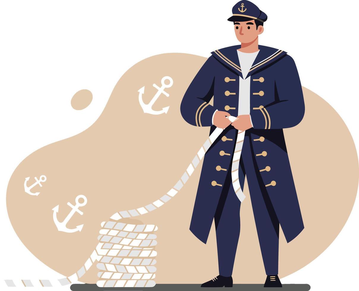 Sailor in navy uniform holding rope with anchors background illustration for maritime theme design vector