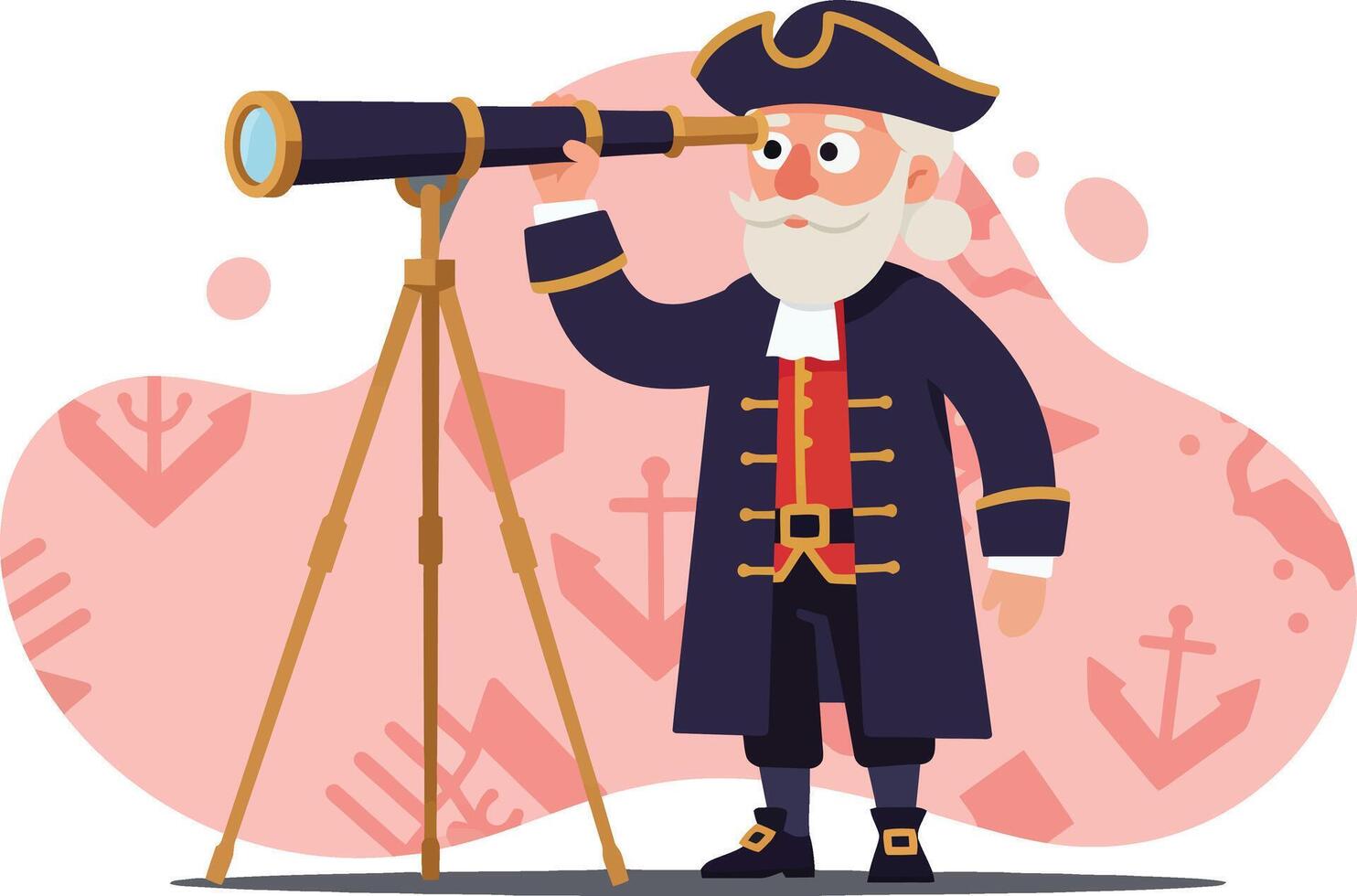Old Man Looking Through Telescope Illustration in Historical Attire with Pink Background vector