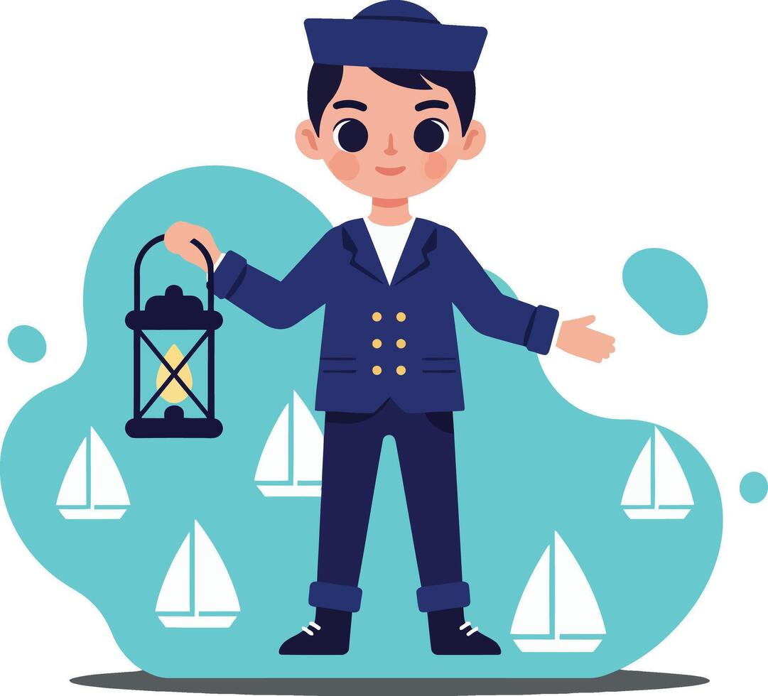 Young sailor boy holding lantern with sailboats background nautical theme illustration vector