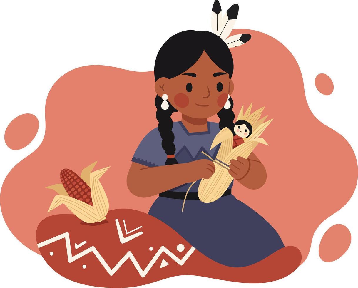 Indigenous girl holding corn husk doll with traditional cultural attire and decorative pillow illustration vector