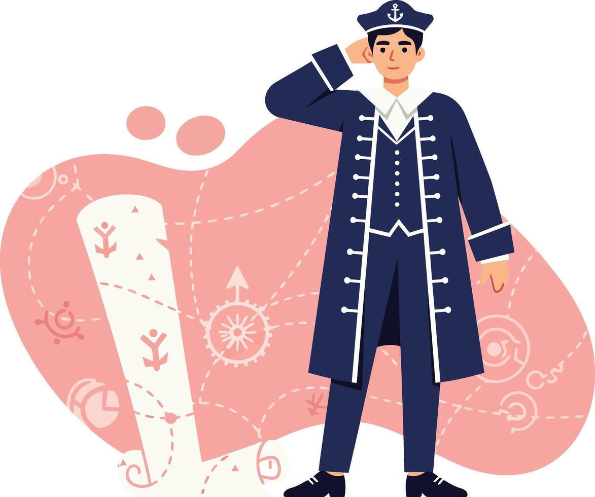 Male Pirate Captain in Blue Coat Saluting with Nautical Map and Compass Elements Illustration vector