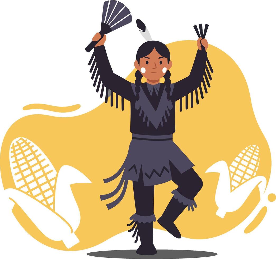 Native American Dancer in Traditional Dress with Feathers and Corn Illustration in Black and Yellow Background vector
