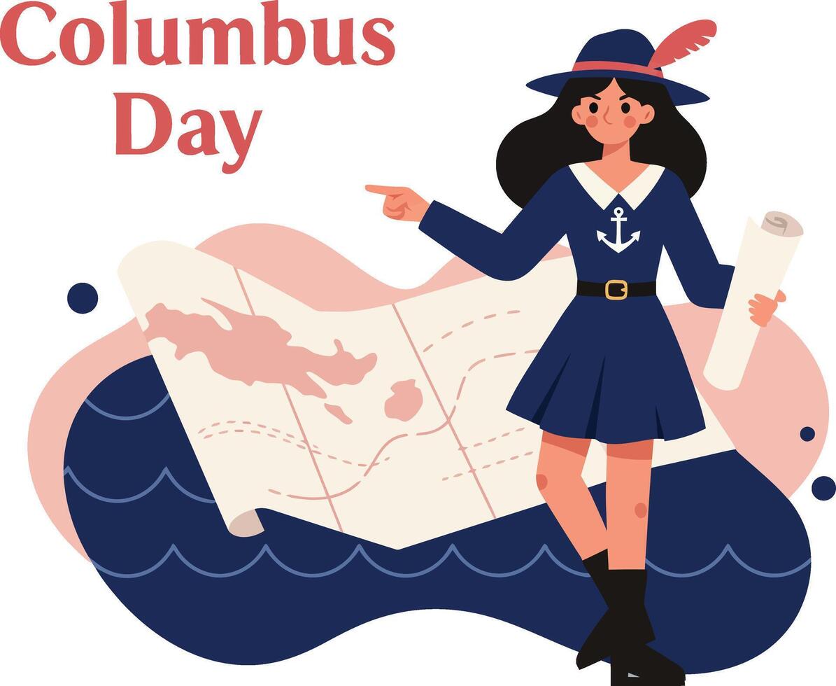 Female sailor character holding map celebrating Columbus Day with nautical elements and ocean waves illustration vector
