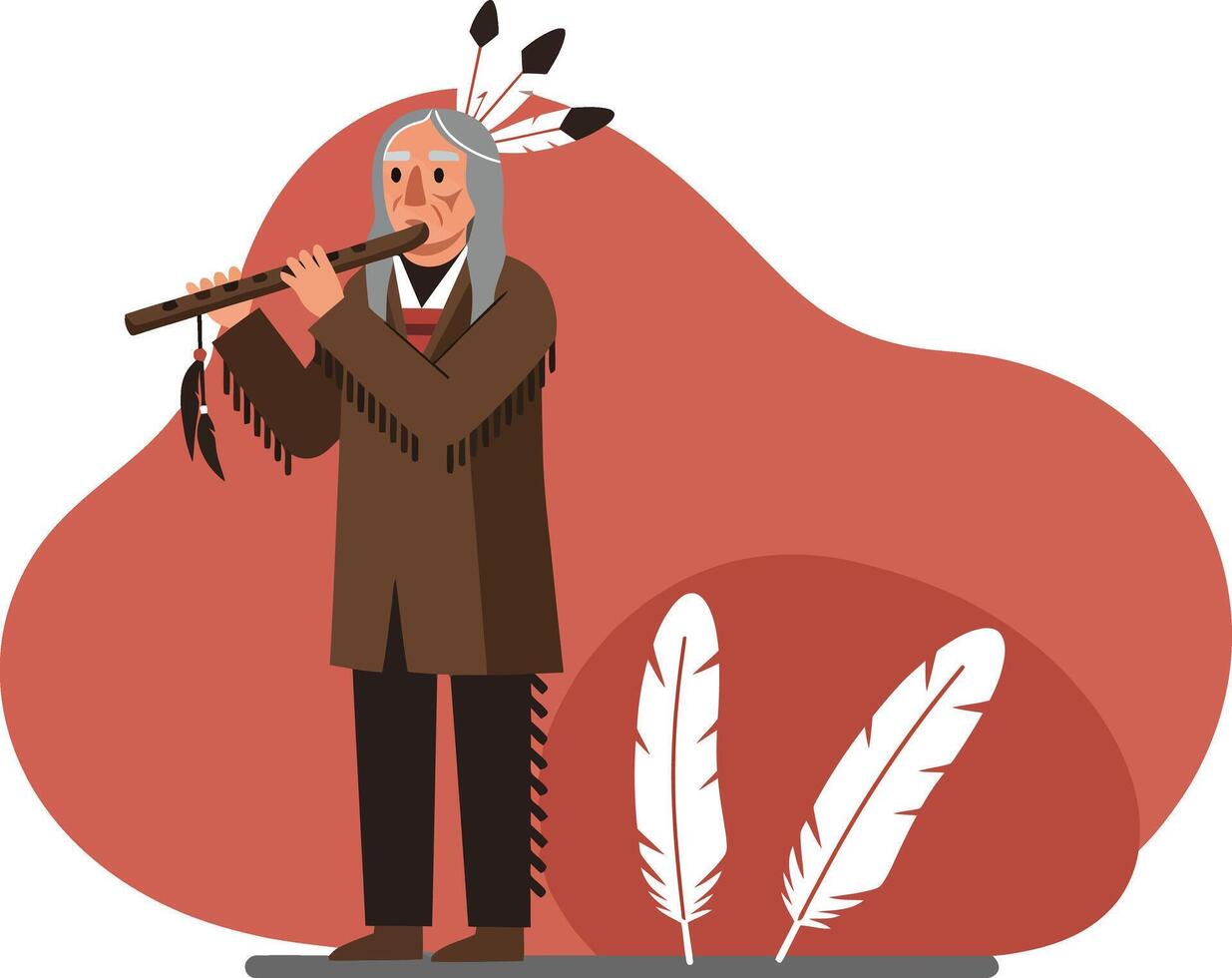 Native American elder playing traditional flute with feathers in hair and background illustration vector