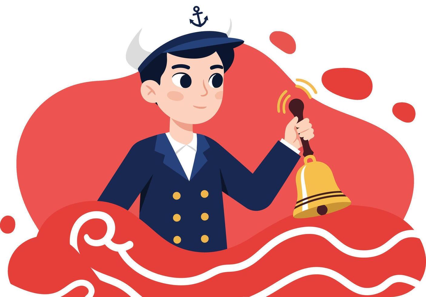 Sailor ringing ship bell with navy uniform and captain hat in maritime nautical setting illustration vector