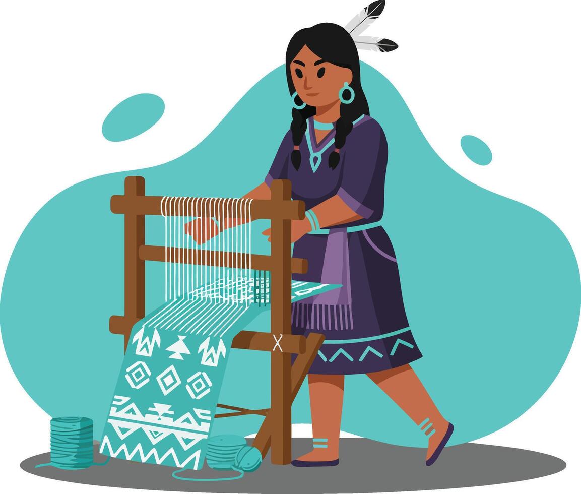 Indigenous woman weaving traditional textile on loom in cultural craft illustration vector