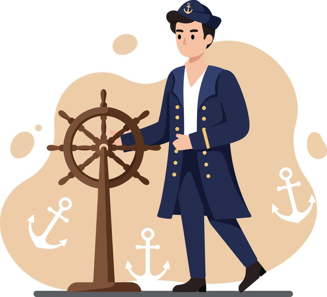 Male Captain Steering Ship Wheel Nautical Theme Illustration with Anchors Background for Maritime Concept vector