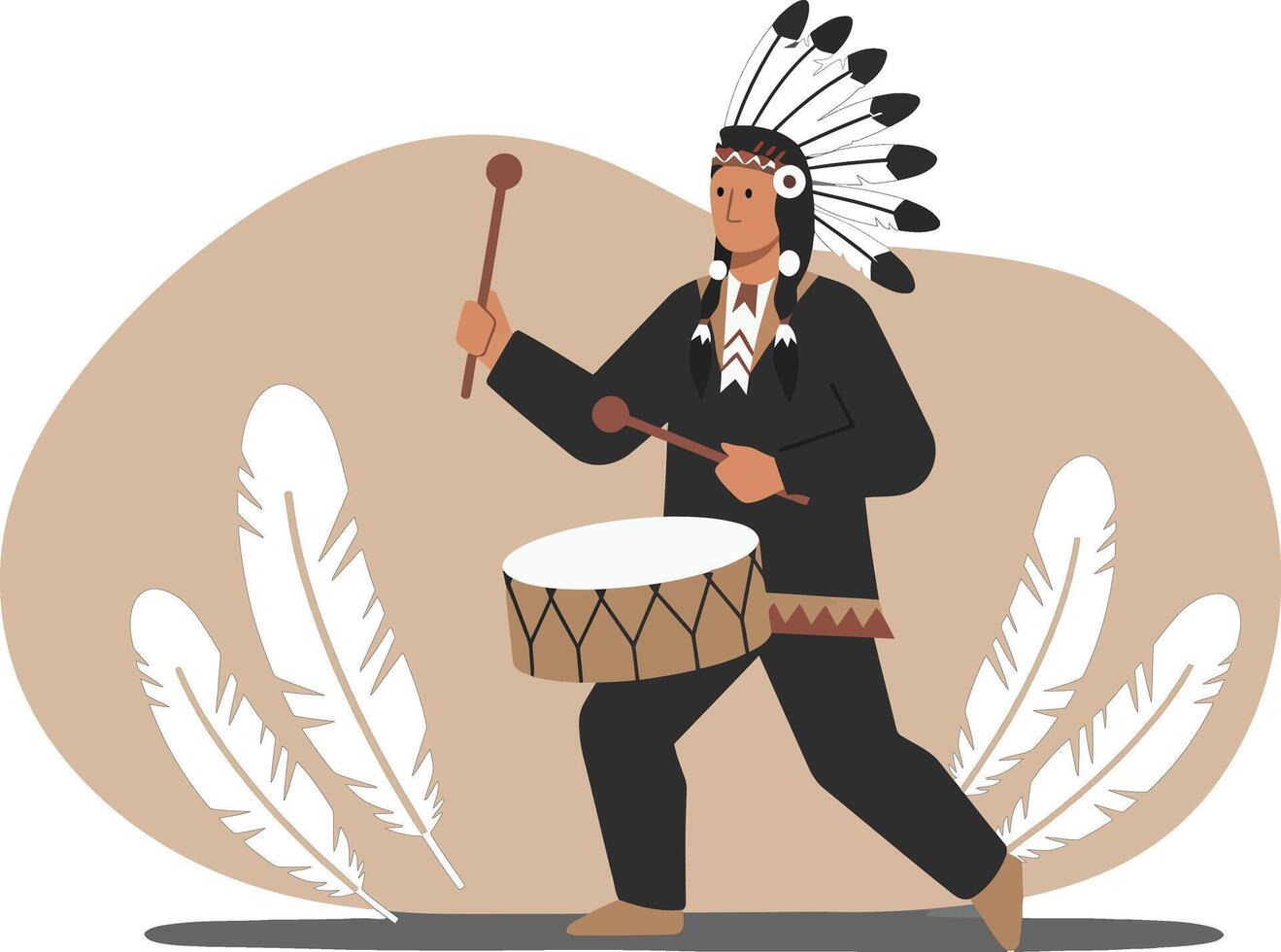 Native American man playing traditional drum in feather headdress illustration with beige background and white feathers vector