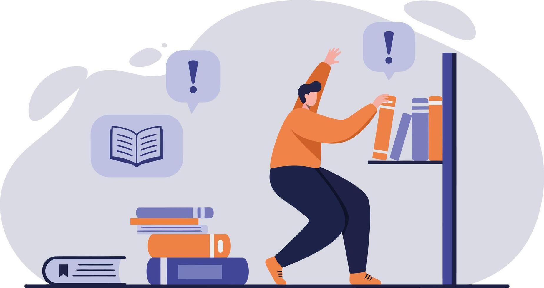 Person Searching for Books on Shelf with Question Symbols and Open Book Illustration in Learning Concept vector