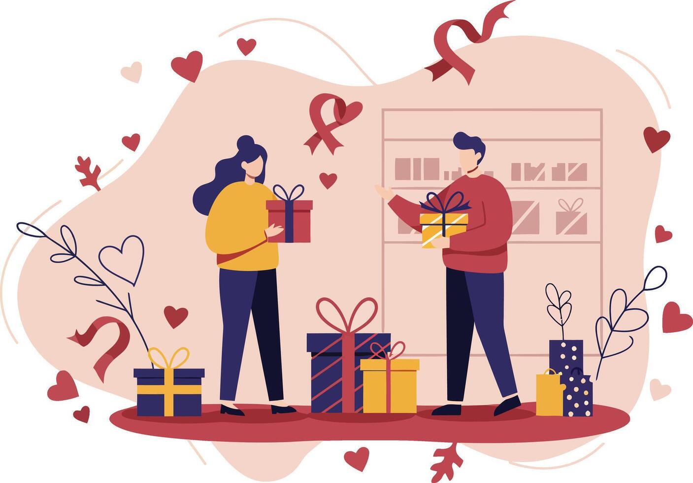 Couple exchanging Valentines Day gifts with hearts and ribbons romantic celebration illustration vector