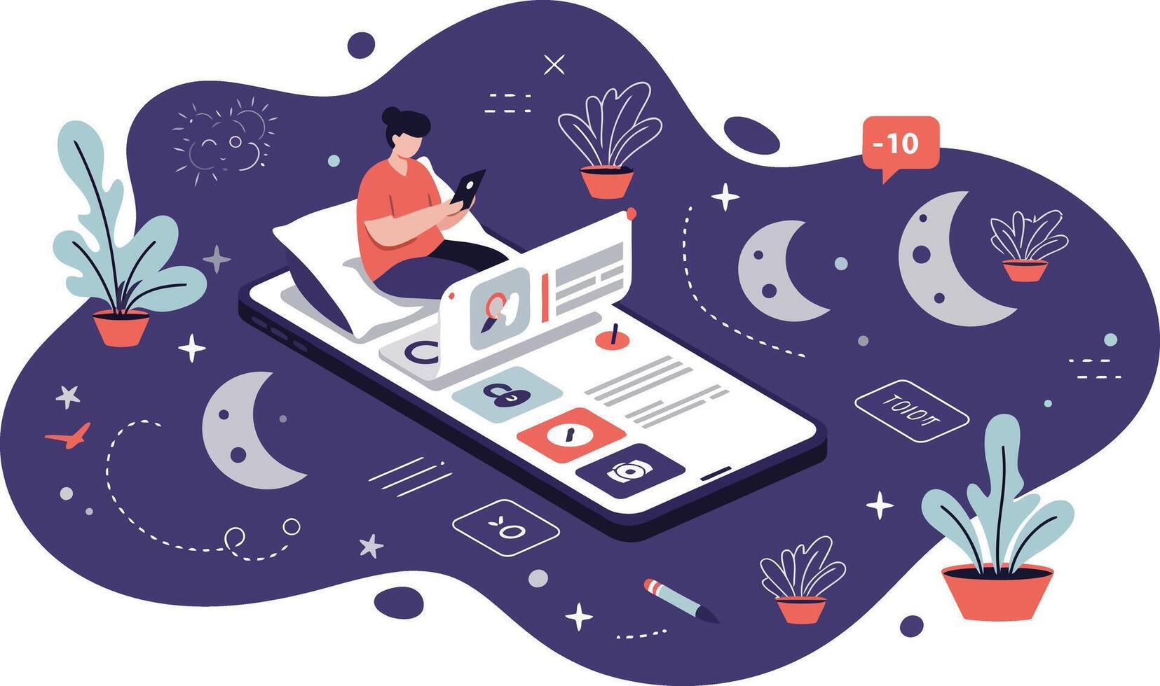 Digital communication with person using smartphone social media interface and night theme elements vector