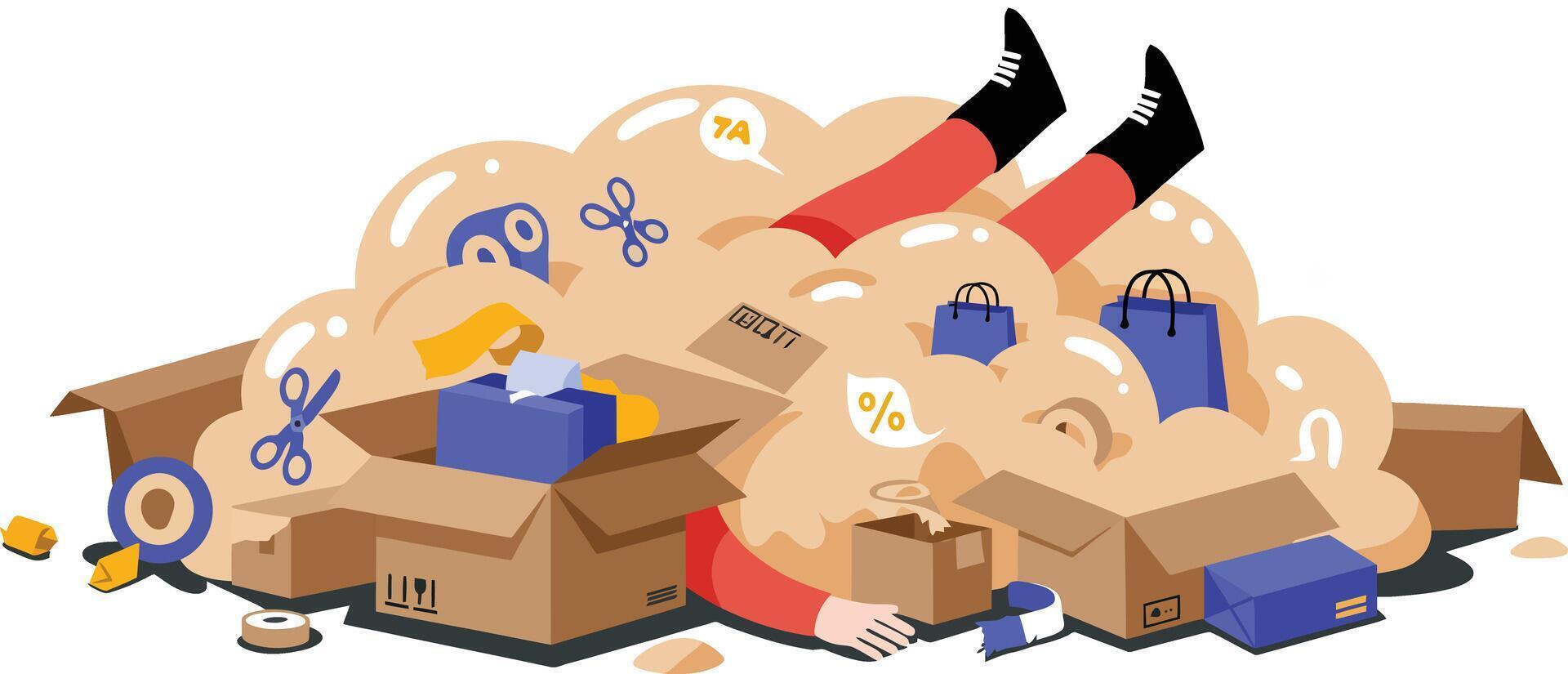 Person buried under pile of cardboard boxes and packing materials in cluttered chaotic storage scene vector