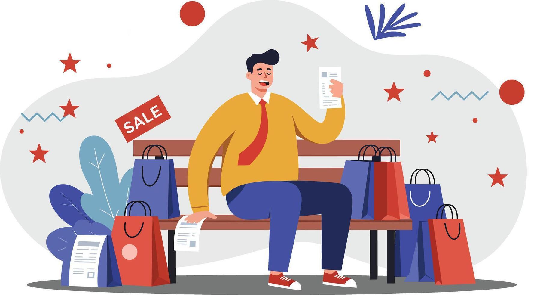 Man sitting on bench with shopping bags around during sale shopping spree illustration vector