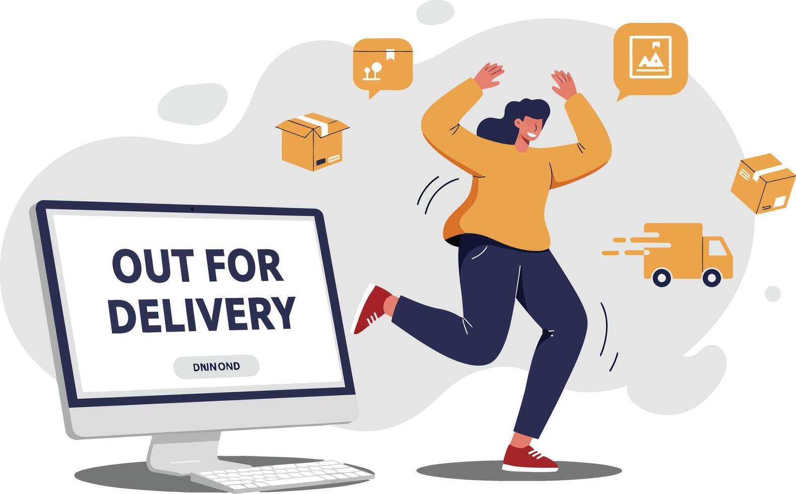 Online order delivery concept with happy person and computer screen showing out for delivery message in modern illustration vector