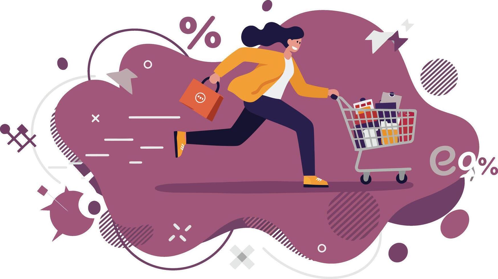 Woman rushing with shopping cart full of groceries in purple and yellow tones illustration vector