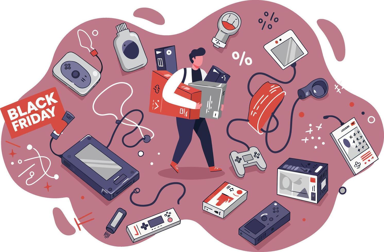 Electronic gadgets and Black Friday shopping illustration with handheld devices and controller in flat style vector
