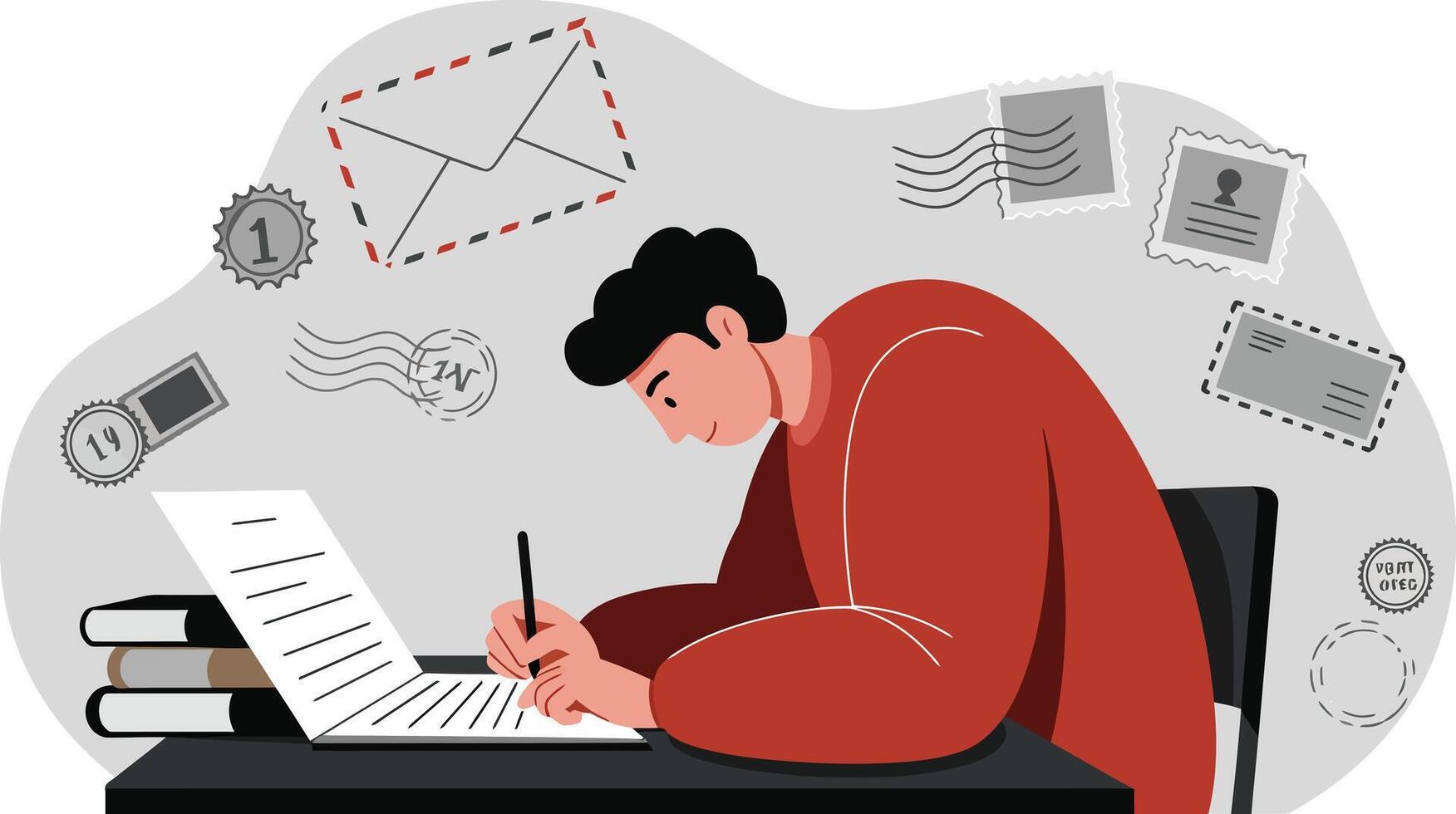 Man writing letter at desk surrounded by envelopes and stamps in illustration vector
