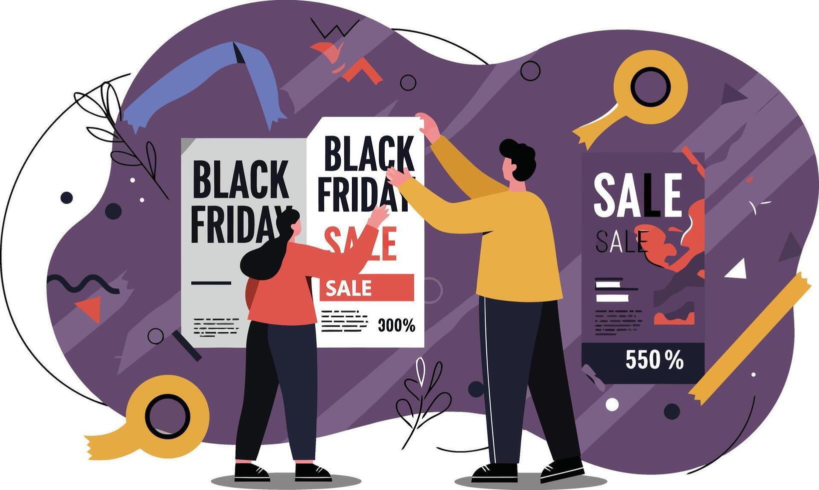 Black Friday sale shopping concept with customers looking at discount posters illustration vector